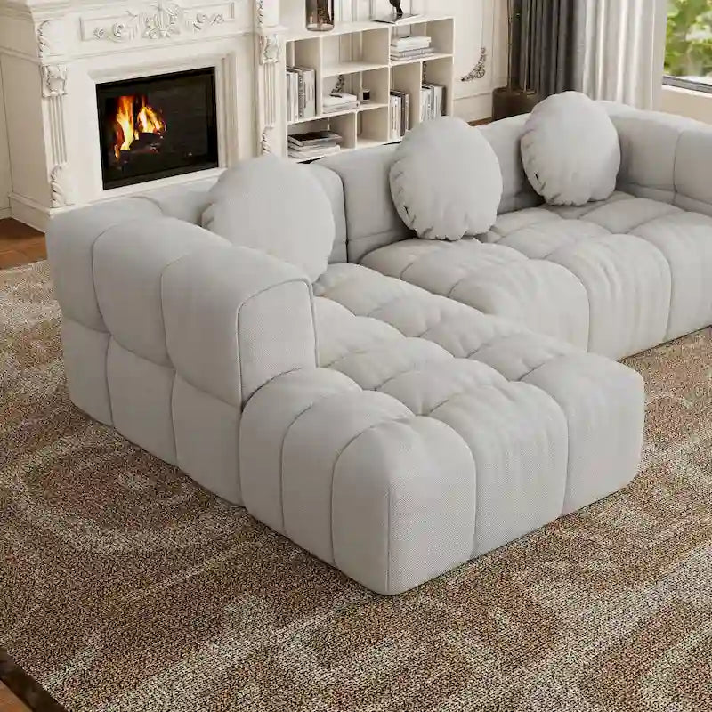 Divano componibile a L 103 Chenille con reclinabile a sinistra, 3 cuscini e design modulare