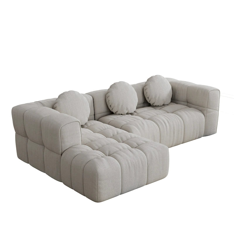 Divano componibile a L 103 Chenille con reclinabile a sinistra, 3 cuscini e design modulare