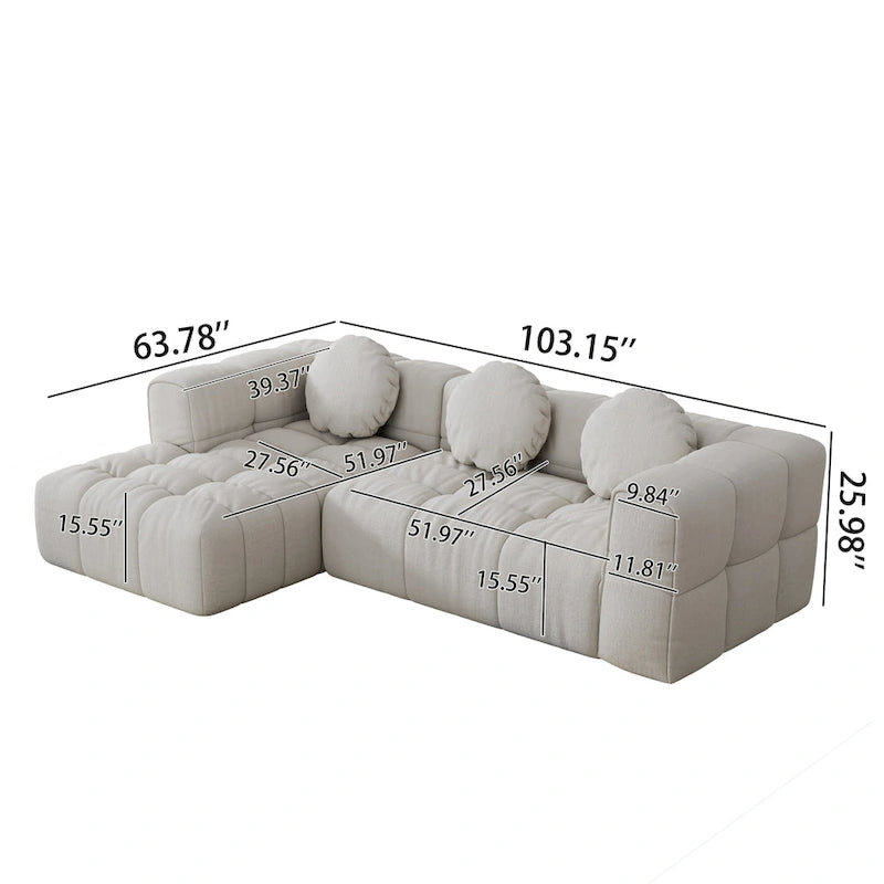 Divano componibile a L 103 Chenille con reclinabile a sinistra, 3 cuscini e design modulare