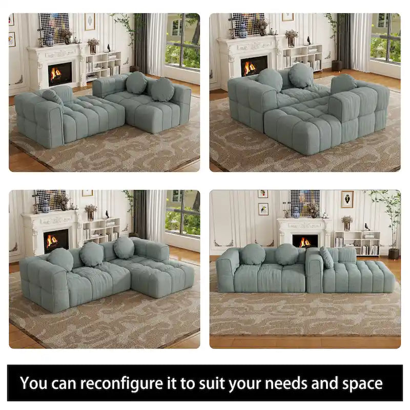 Divano componibile a L 103 Chenille con reclinabile a sinistra, 3 cuscini e design modulare