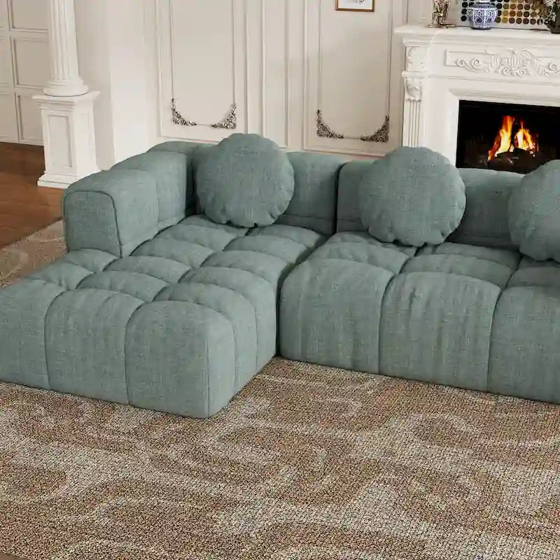 Divano componibile a L 103 Chenille con reclinabile a sinistra, 3 cuscini e design modulare