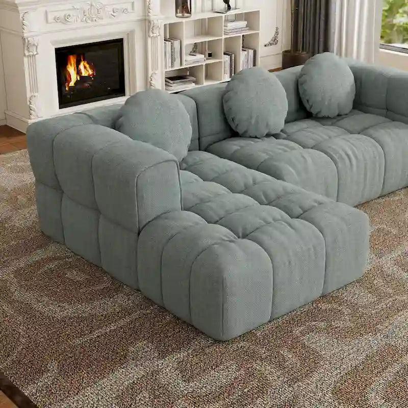 Divano componibile a L 103 Chenille con reclinabile a sinistra, 3 cuscini e design modulare