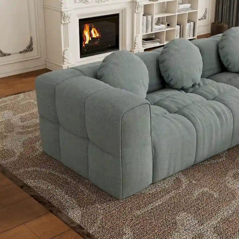 Divano componibile a L 103 Chenille con reclinabile a sinistra, 3 cuscini e design modulare