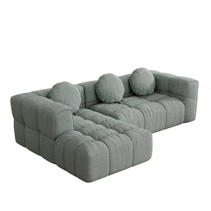 Divano componibile a L 103 Chenille con reclinabile a sinistra, 3 cuscini e design modulare