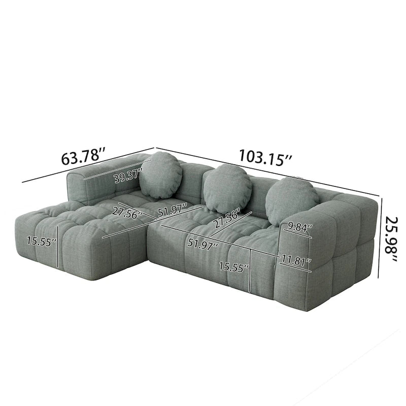 Divano componibile a L 103 Chenille con reclinabile a sinistra, 3 cuscini e design modulare