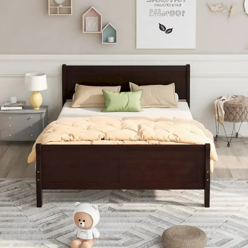 Espresso/Oak Queen Wood Platform Bed with Headboard