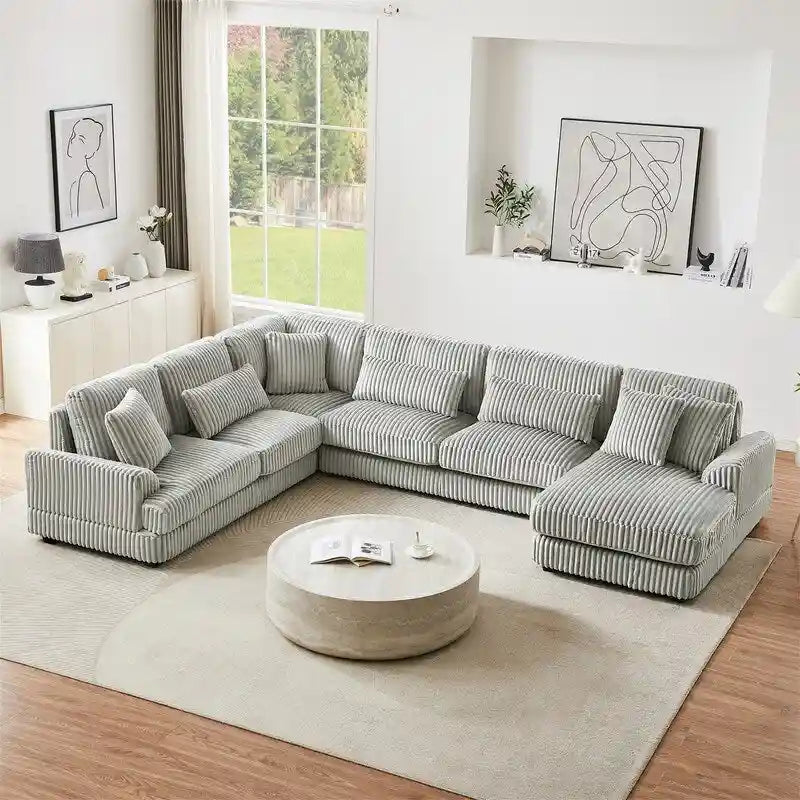 Divano Sezionale a U Oversize con Chaise Longue, Divano Moderno Imbottito da 129", Set Divano in Velluto a Coste per Soggiorno