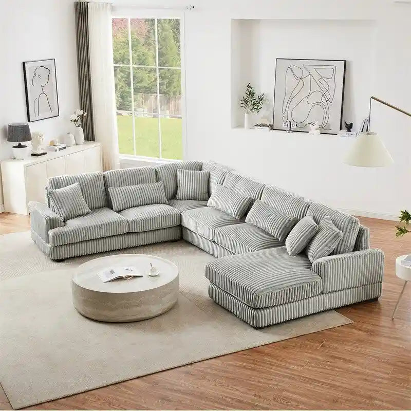 Divano Sezionale a U Oversize con Chaise Longue, Divano Moderno Imbottito da 129", Set Divano in Velluto a Coste per Soggiorno