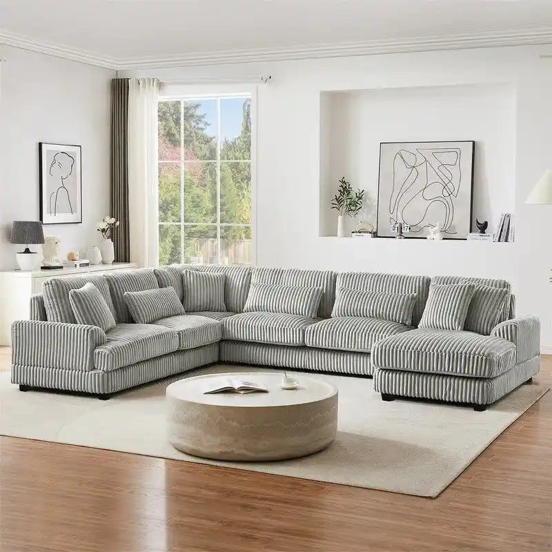 Divano Sezionale a U Oversize con Chaise Longue, Divano Moderno Imbottito da 129", Set Divano in Velluto a Coste per Soggiorno