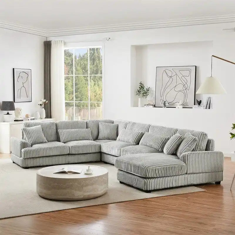 Divano Sezionale a U Oversize con Chaise Longue, Divano Moderno Imbottito da 129", Set Divano in Velluto a Coste per Soggiorno