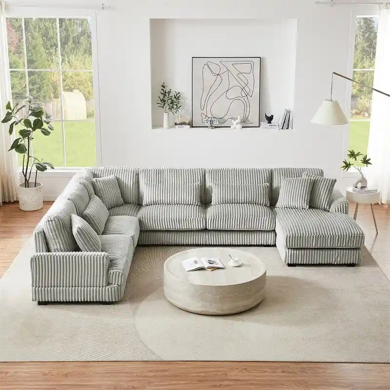 Divano Sezionale a U Oversize con Chaise Longue, Divano Moderno Imbottito da 129", Set Divano in Velluto a Coste per Soggiorno