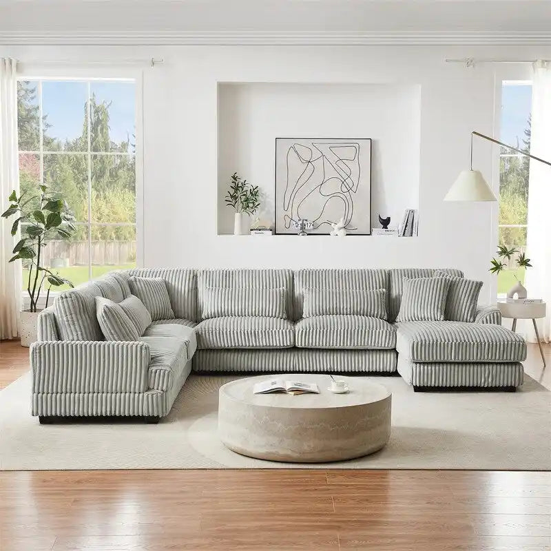 Divano Sezionale a U Oversize con Chaise Longue, Divano Moderno Imbottito da 129", Set Divano in Velluto a Coste per Soggiorno