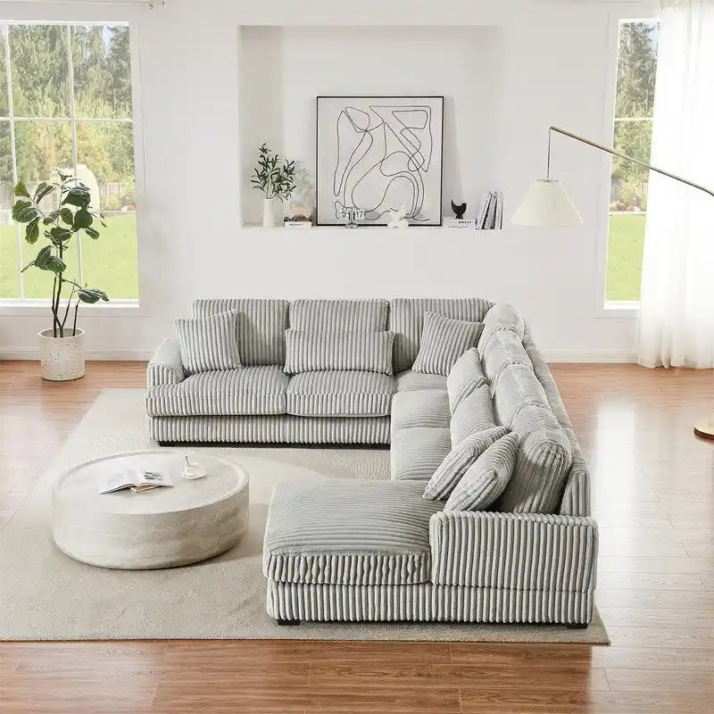 Divano Sezionale a U Oversize con Chaise Longue, Divano Moderno Imbottito da 129", Set Divano in Velluto a Coste per Soggiorno