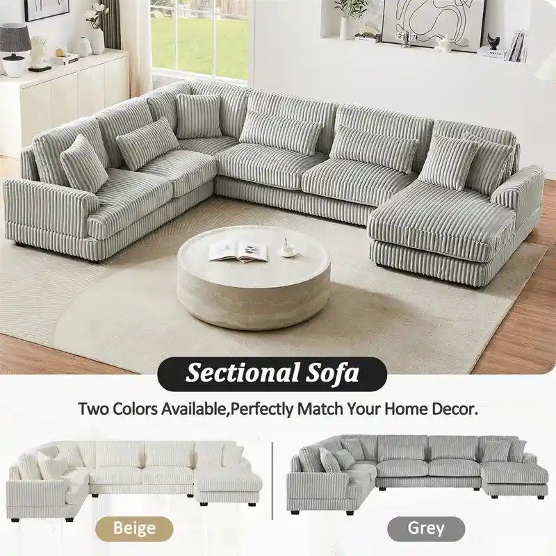 Divano Sezionale a U Oversize con Chaise Longue, Divano Moderno Imbottito da 129", Set Divano in Velluto a Coste per Soggiorno