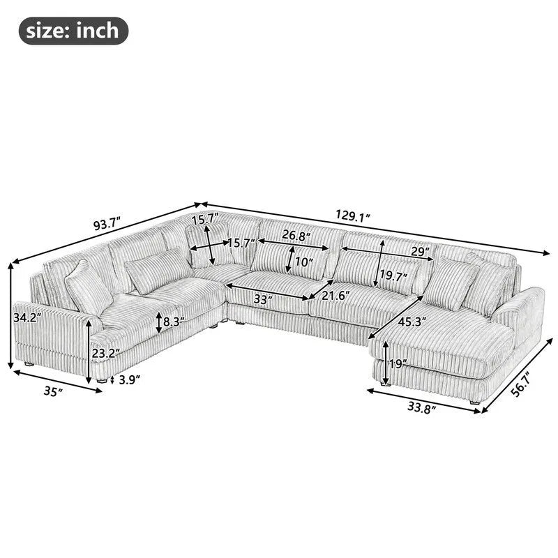 Divano Sezionale a U Oversize con Chaise Longue, Divano Moderno Imbottito da 129", Set Divano in Velluto a Coste per Soggiorno