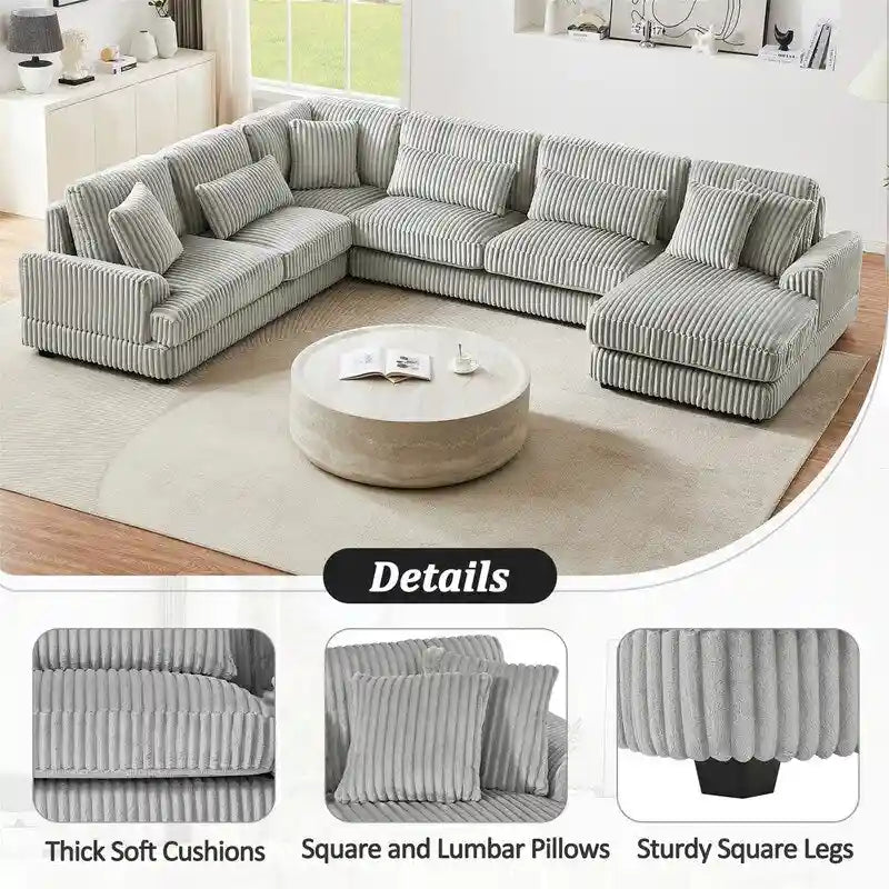 Divano Sezionale a U Oversize con Chaise Longue, Divano Moderno Imbottito da 129", Set Divano in Velluto a Coste per Soggiorno