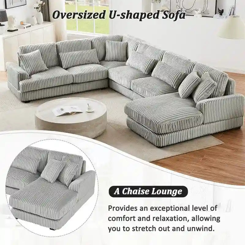 Divano Sezionale a U Oversize con Chaise Longue, Divano Moderno Imbottito da 129", Set Divano in Velluto a Coste per Soggiorno