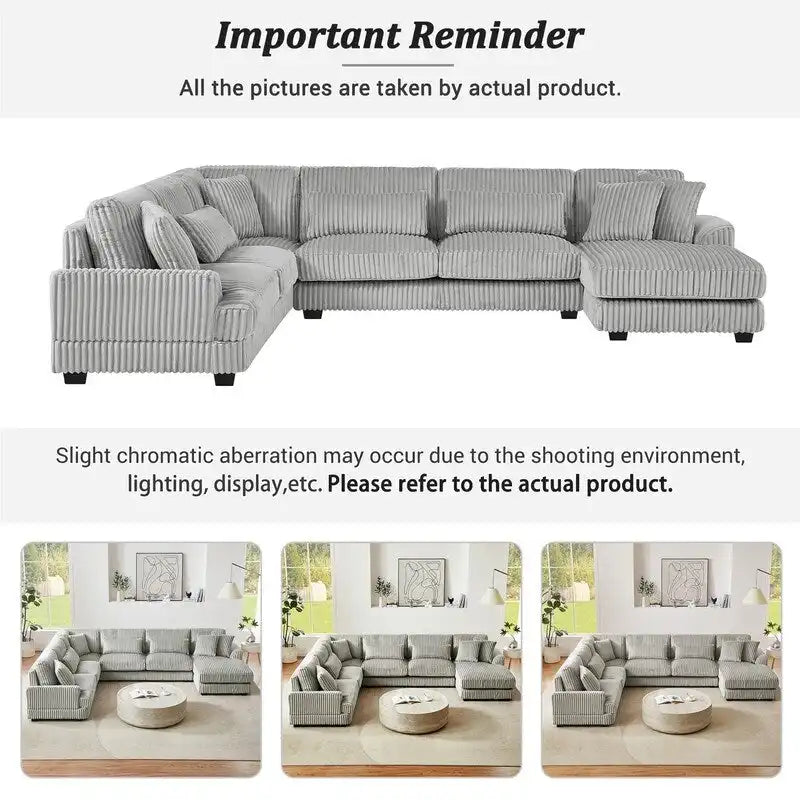 Divano Sezionale a U Oversize con Chaise Longue, Divano Moderno Imbottito da 129", Set Divano in Velluto a Coste per Soggiorno