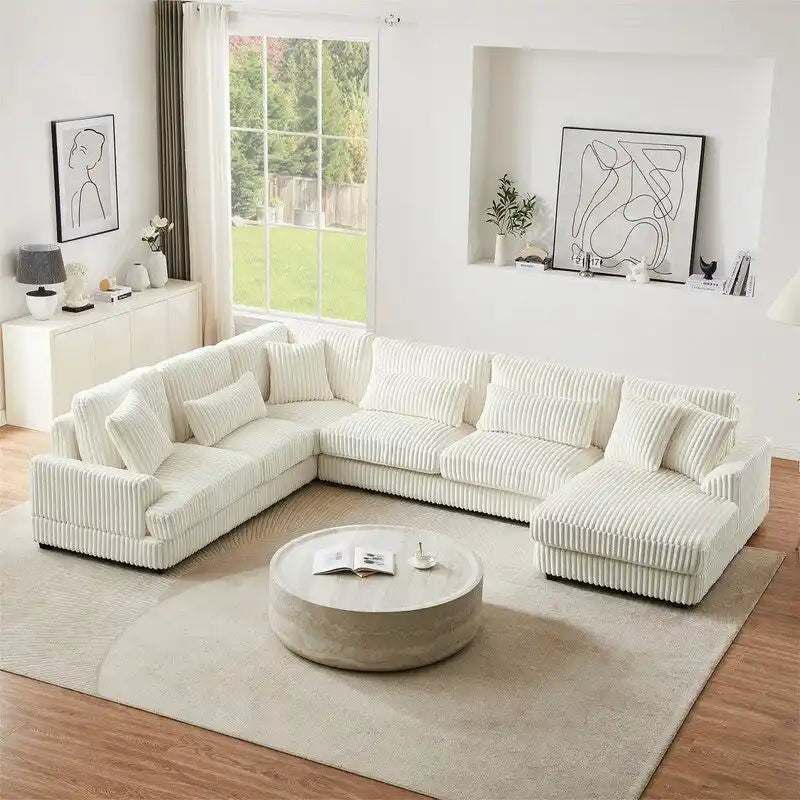 Divano Sezionale a U Oversize con Chaise Longue, Divano Moderno Imbottito da 129", Set Divano in Velluto a Coste per Soggiorno