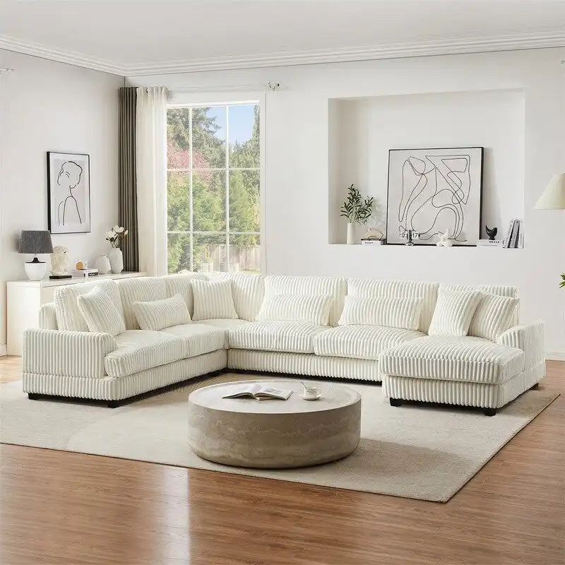 Divano Sezionale a U Oversize con Chaise Longue, Divano Moderno Imbottito da 129", Set Divano in Velluto a Coste per Soggiorno