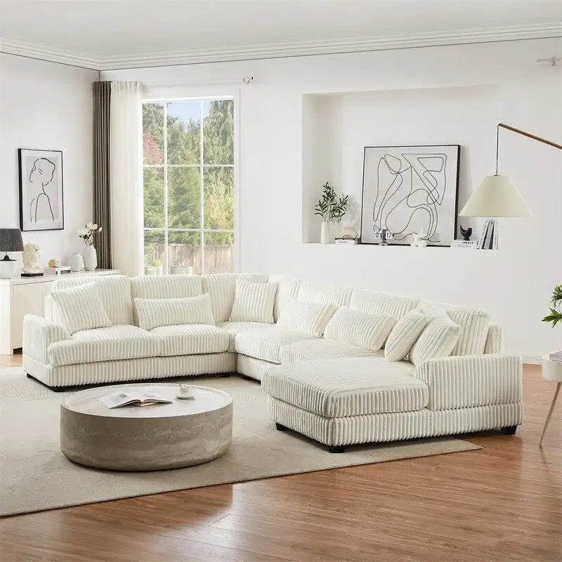 Divano Sezionale a U Oversize con Chaise Longue, Divano Moderno Imbottito da 129", Set Divano in Velluto a Coste per Soggiorno