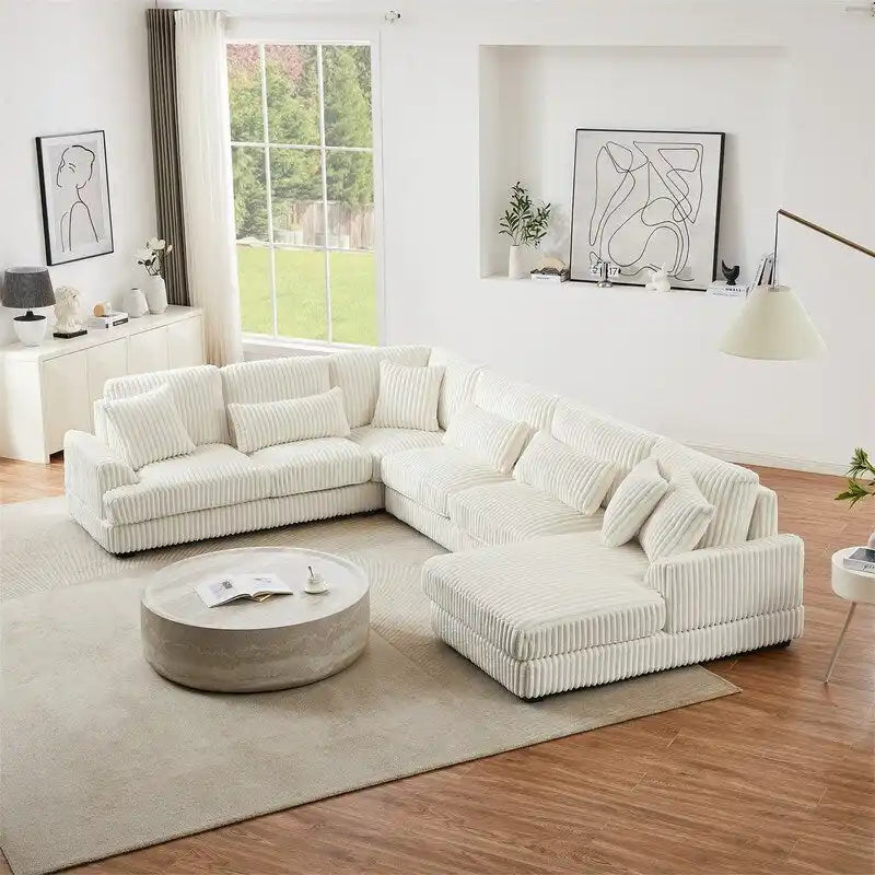 Divano Sezionale a U Oversize con Chaise Longue, Divano Moderno Imbottito da 129", Set Divano in Velluto a Coste per Soggiorno