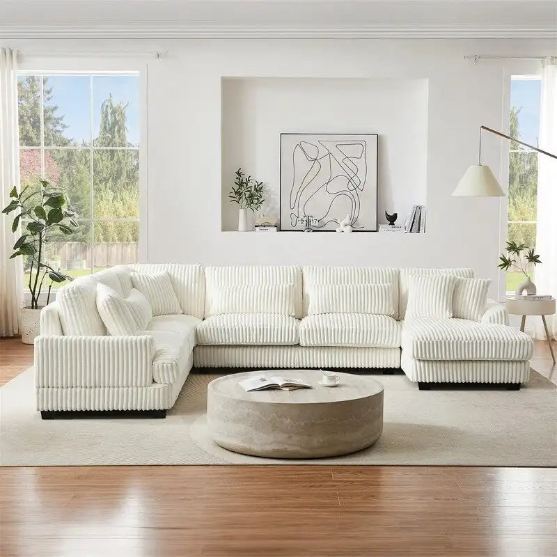 Divano Sezionale a U Oversize con Chaise Longue, Divano Moderno Imbottito da 129", Set Divano in Velluto a Coste per Soggiorno