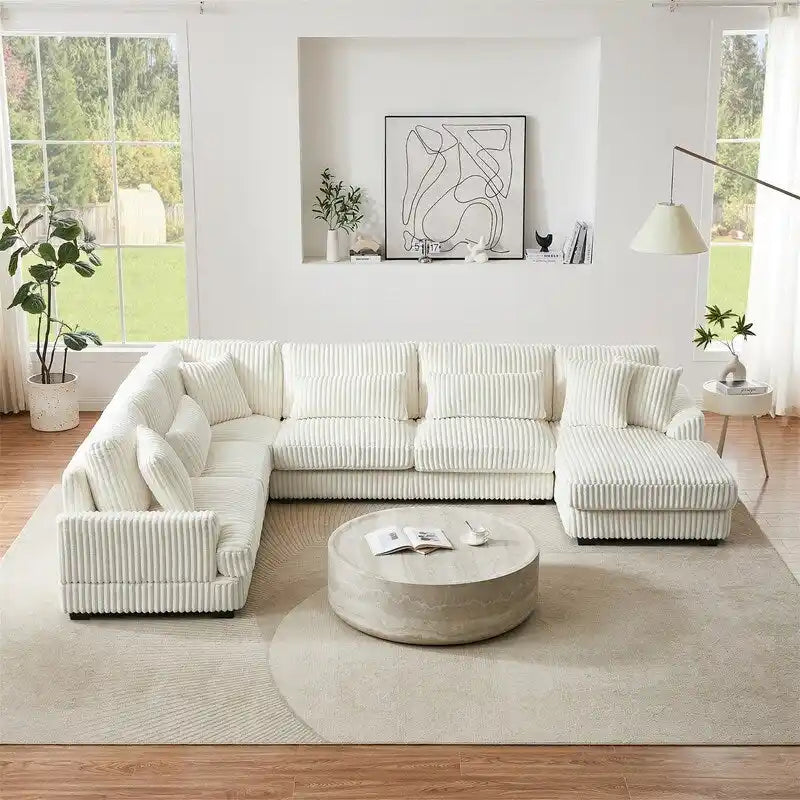 Divano Sezionale a U Oversize con Chaise Longue, Divano Moderno Imbottito da 129", Set Divano in Velluto a Coste per Soggiorno