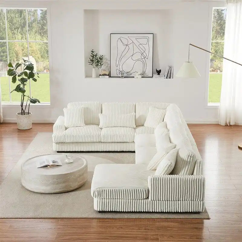 Divano Sezionale a U Oversize con Chaise Longue, Divano Moderno Imbottito da 129", Set Divano in Velluto a Coste per Soggiorno