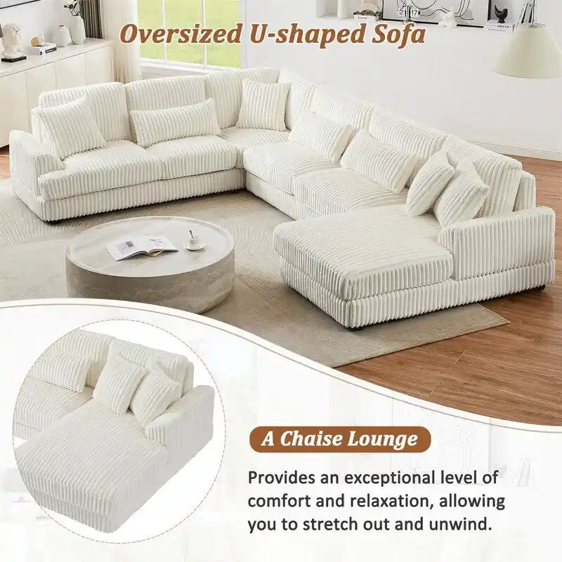 Divano Sezionale a U Oversize con Chaise Longue, Divano Moderno Imbottito da 129", Set Divano in Velluto a Coste per Soggiorno