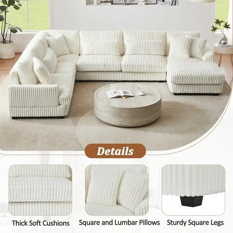 Divano Sezionale a U Oversize con Chaise Longue, Divano Moderno Imbottito da 129", Set Divano in Velluto a Coste per Soggiorno