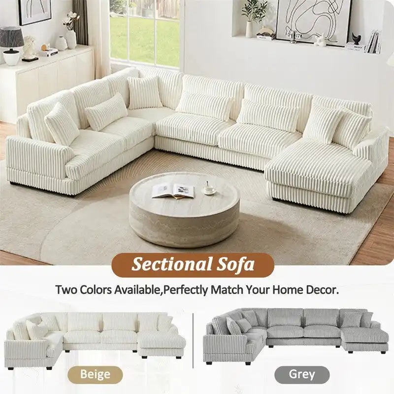 Divano Sezionale a U Oversize con Chaise Longue, Divano Moderno Imbottito da 129", Set Divano in Velluto a Coste per Soggiorno