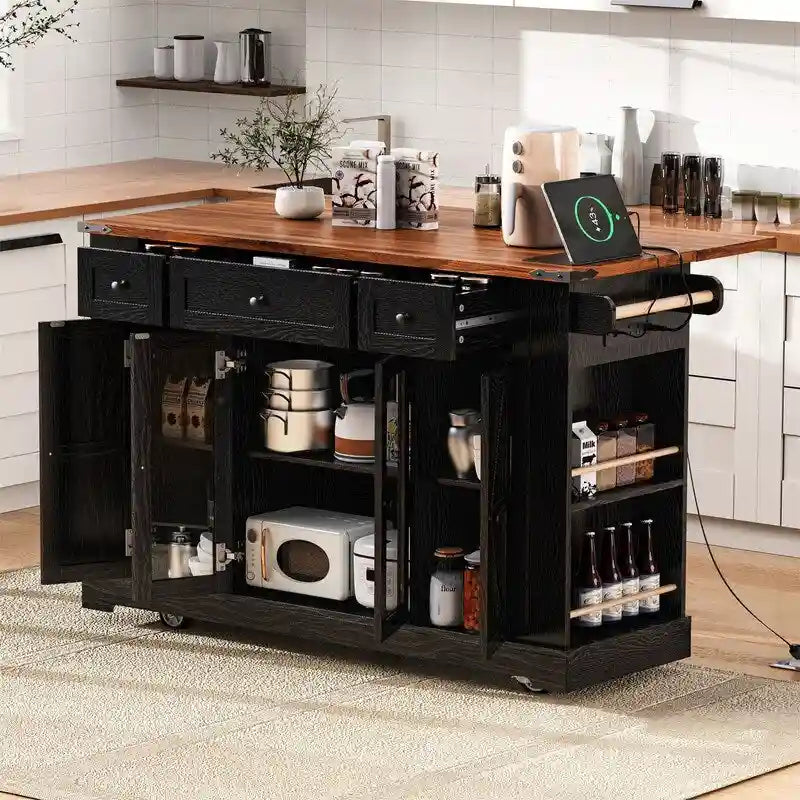 Isola Cucina con Ante a Goccia, 3 Cassetti e 5 Ripiani Laterali Aperti, Carrello da Cucina con 2 Ante in Vetro Temperato e Presa di Corrente