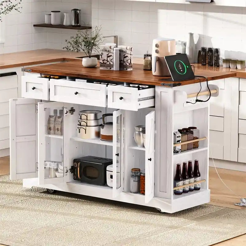 Isola Cucina con Ante a Goccia, 3 Cassetti e 5 Ripiani Laterali Aperti, Carrello da Cucina con 2 Ante in Vetro Temperato e Presa di Corrente