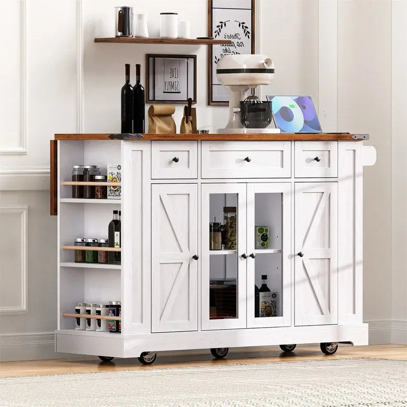 Isola Cucina con Ante a Goccia, 3 Cassetti e 5 Ripiani Laterali Aperti, Carrello da Cucina con 2 Ante in Vetro Temperato e Presa di Corrente