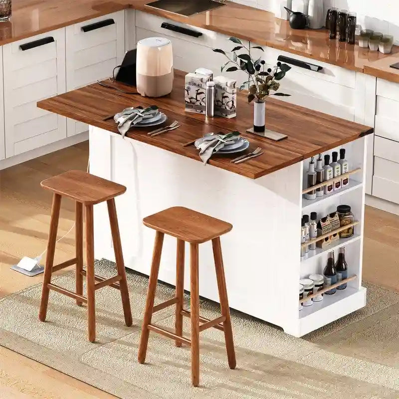 Isola Cucina con Ante a Goccia, 3 Cassetti e 5 Ripiani Laterali Aperti, Carrello da Cucina con 2 Ante in Vetro Temperato e Presa di Corrente