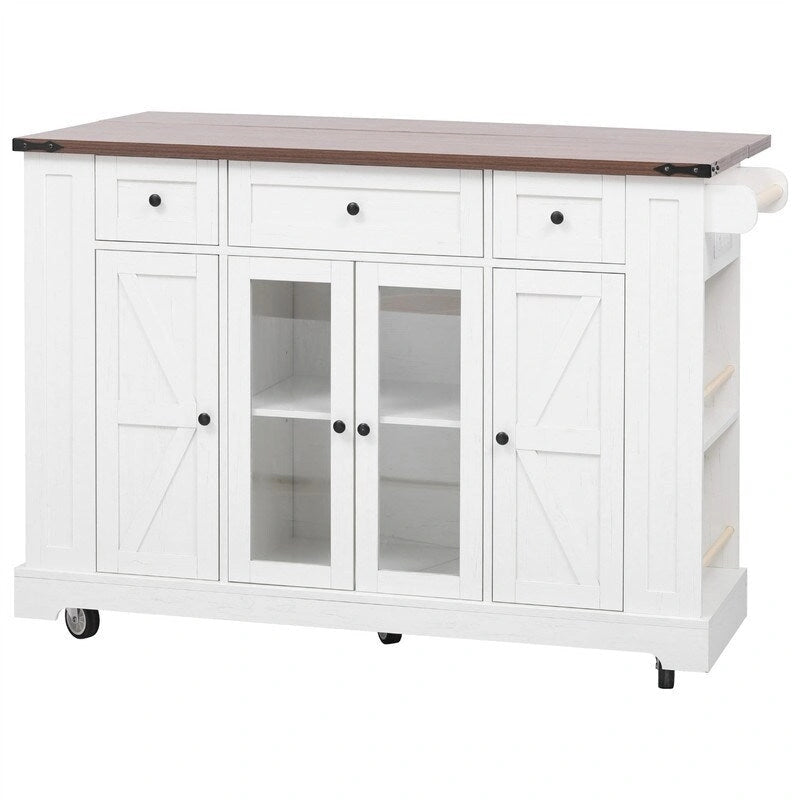 Isola Cucina con Ante a Goccia, 3 Cassetti e 5 Ripiani Laterali Aperti, Carrello da Cucina con 2 Ante in Vetro Temperato e Presa di Corrente