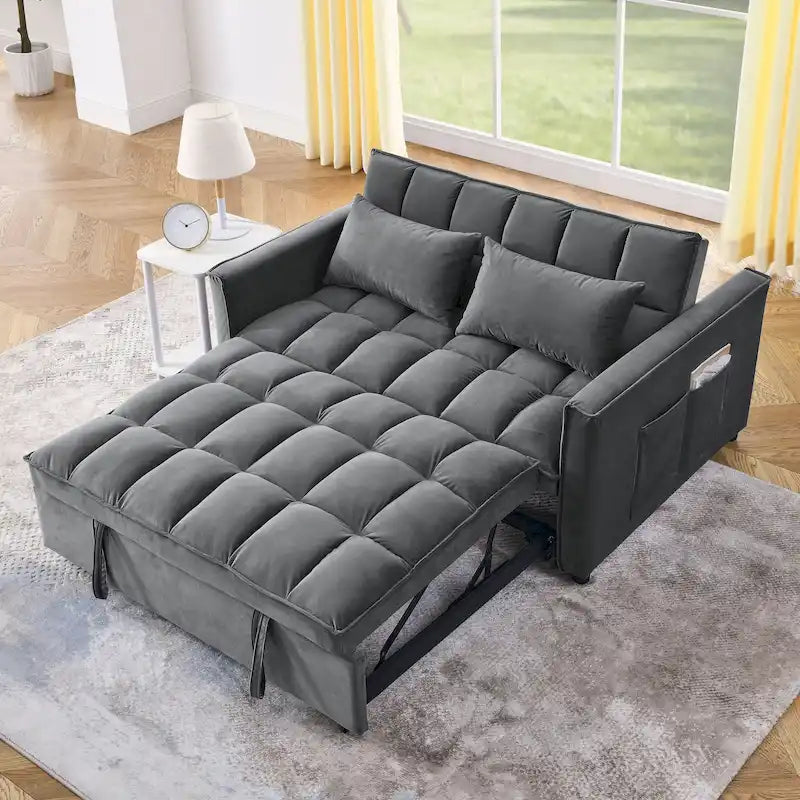 Moderno Divano Letto Futon Convertibile, Schienale Regolabile, Braccioli Portaoggetti