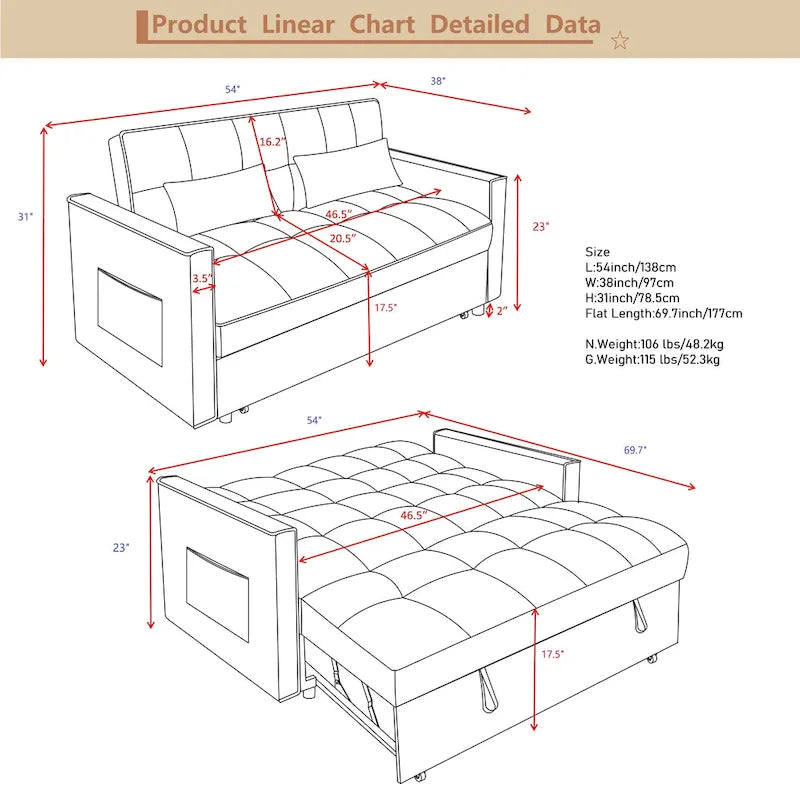 Moderno Divano Letto Futon Convertibile, Schienale Regolabile, Braccioli Portaoggetti