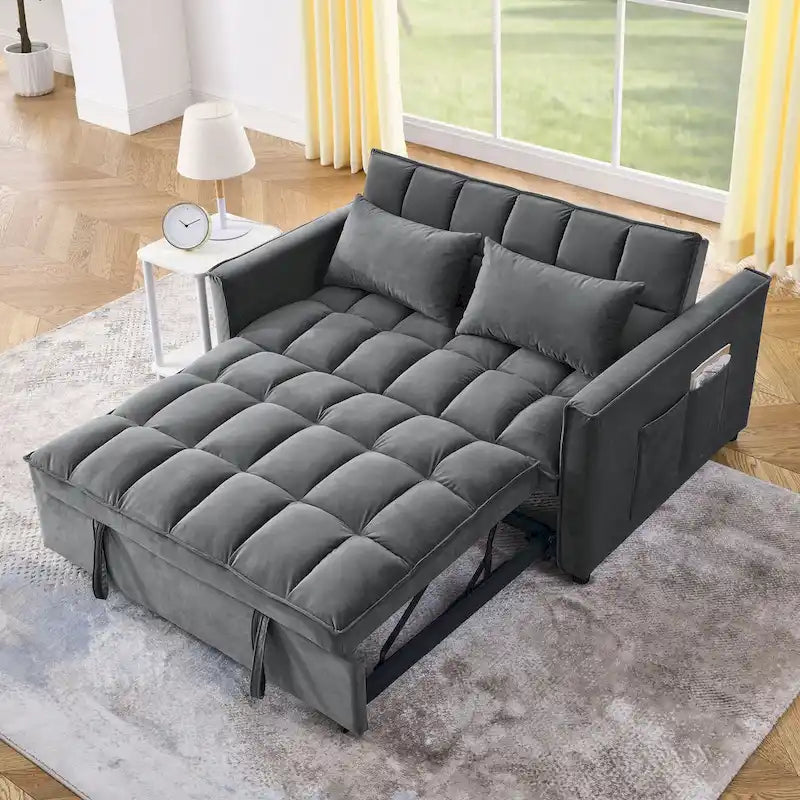 Moderno Divano Letto Futon Convertibile, Schienale Regolabile, Braccioli Portaoggetti