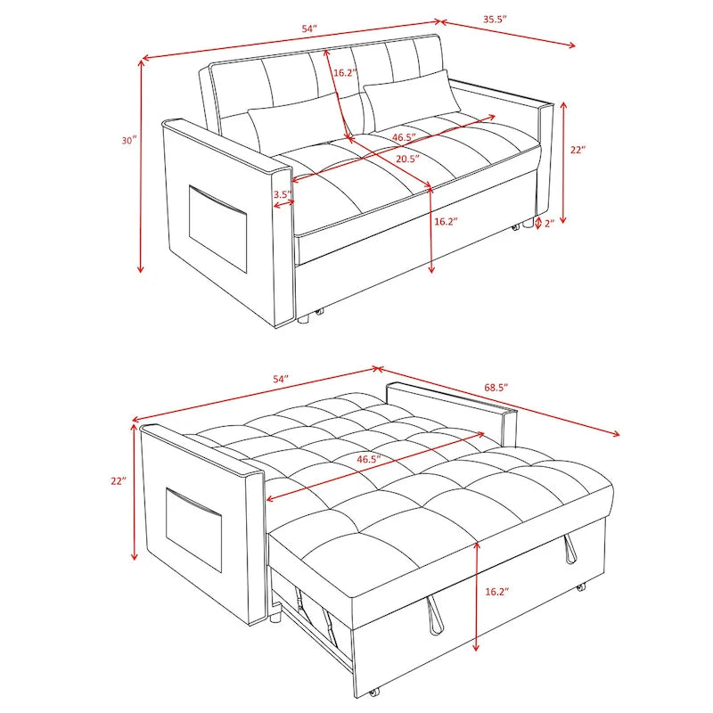 Moderno Divano Letto Futon Convertibile, Schienale Regolabile, Braccioli Portaoggetti