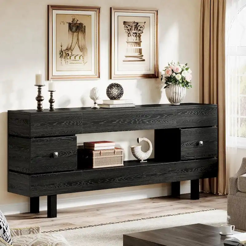 Tavolo consolle da 180 cm con cassetti portaoggetti, tavolo d'ingresso a 2 ripiani in stile rustico per l'ingresso con ripiano espositivo
