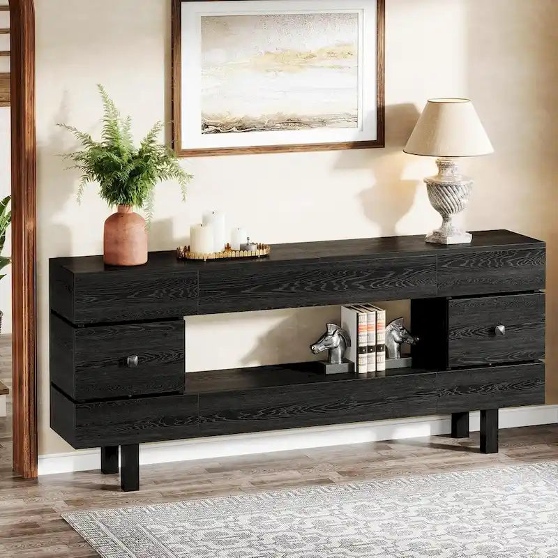 Tavolo consolle da 180 cm con cassetti portaoggetti, tavolo d'ingresso a 2 ripiani in stile rustico per l'ingresso con ripiano espositivo