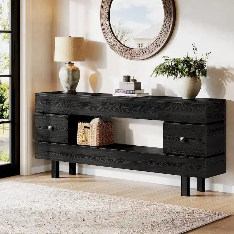Tavolo consolle da 180 cm con cassetti portaoggetti, tavolo d'ingresso a 2 ripiani in stile rustico per l'ingresso con ripiano espositivo