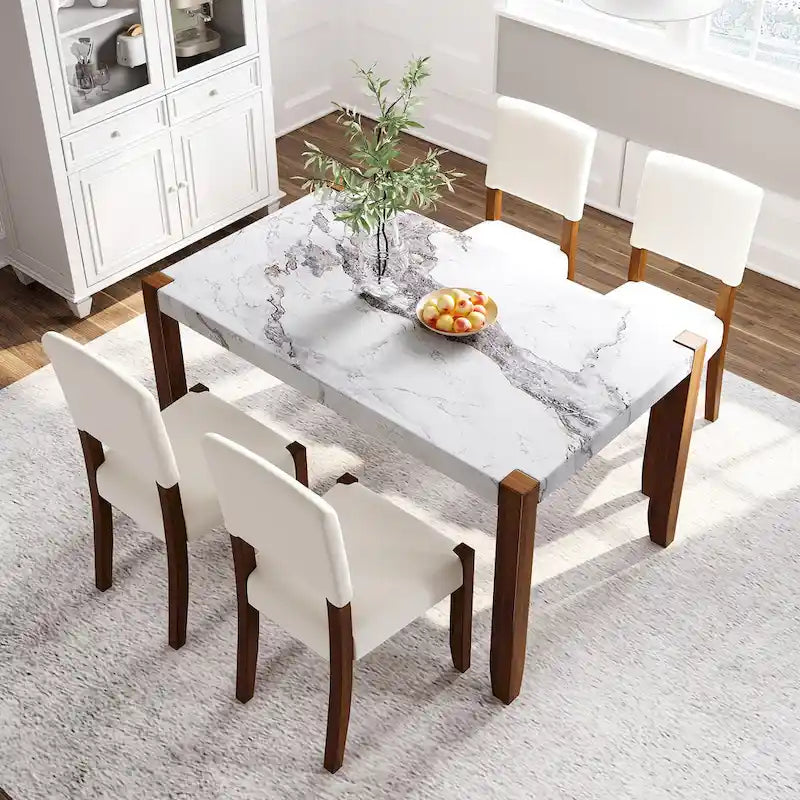 Set da pranzo di 5 pezzi, set da pranzo da cucina per 4 persone con tavolo effetto marmo e 4 sedie imbottite