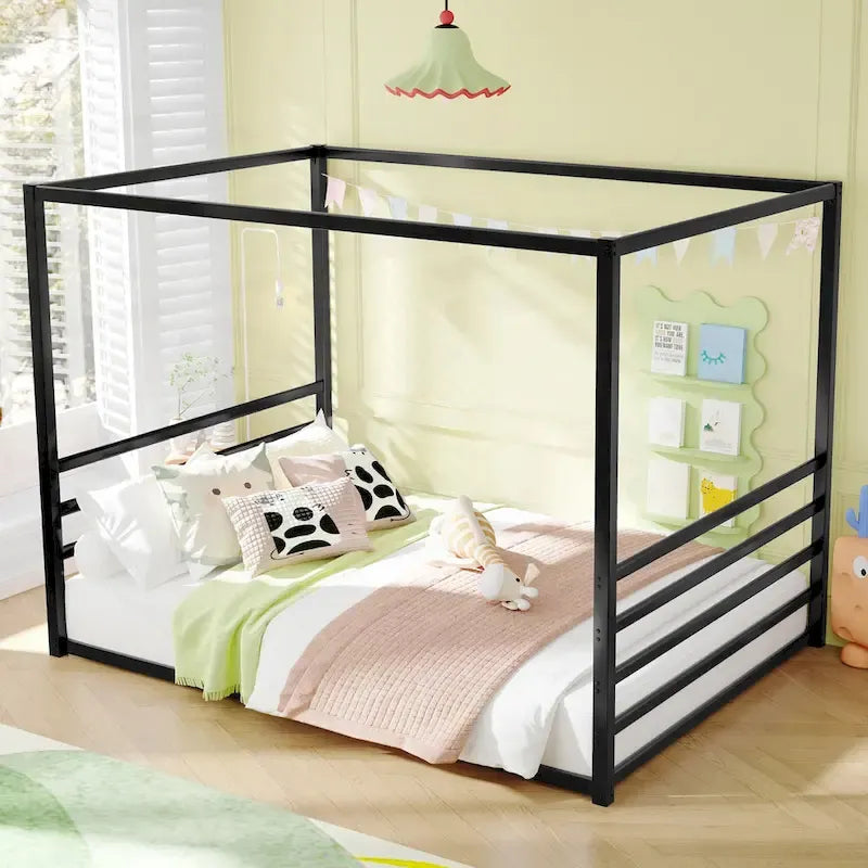 Black Iron Floor Bed with Guardrails - Twin/Full/Queen