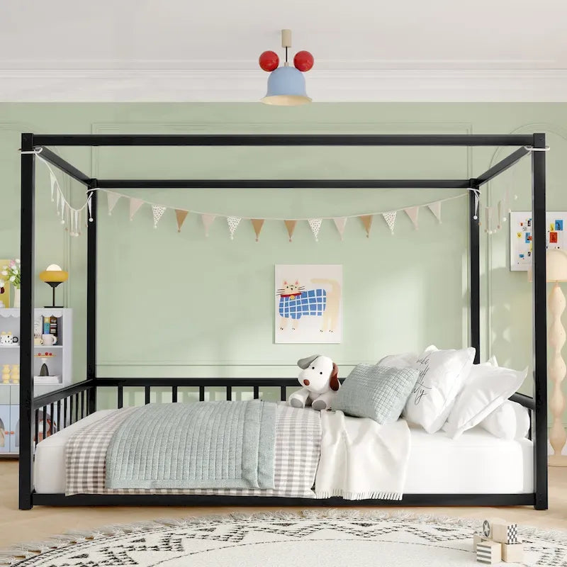 Black Iron Floor Bed with Guardrails - Twin/Full/Queen