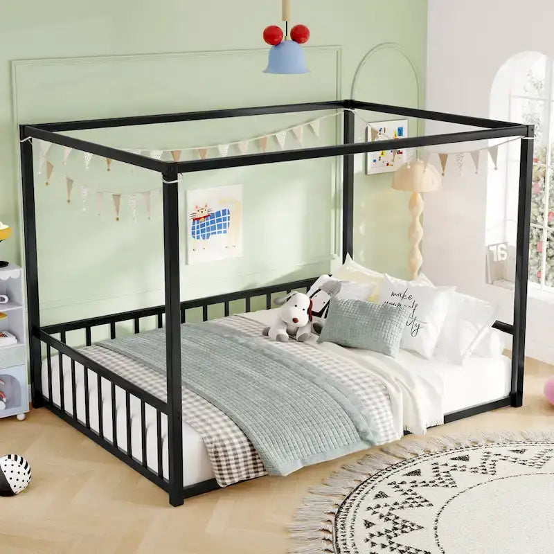 Black Iron Floor Bed with Guardrails - Twin/Full/Queen