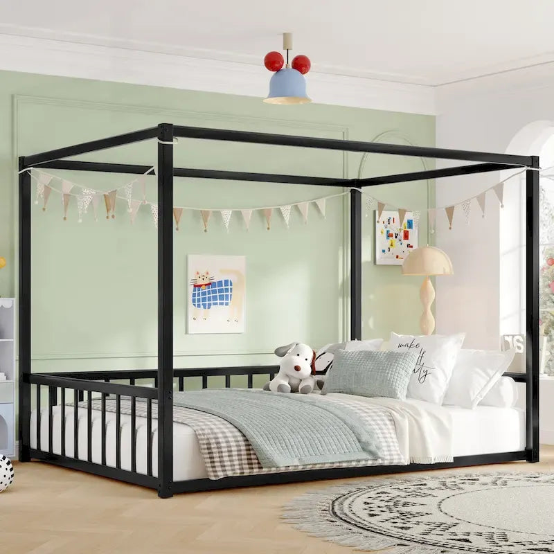 Black Iron Floor Bed with Guardrails - Twin/Full/Queen