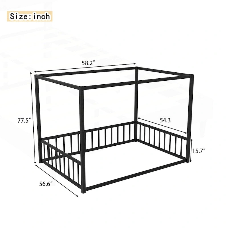Black Iron Floor Bed with Guardrails - Twin/Full/Queen